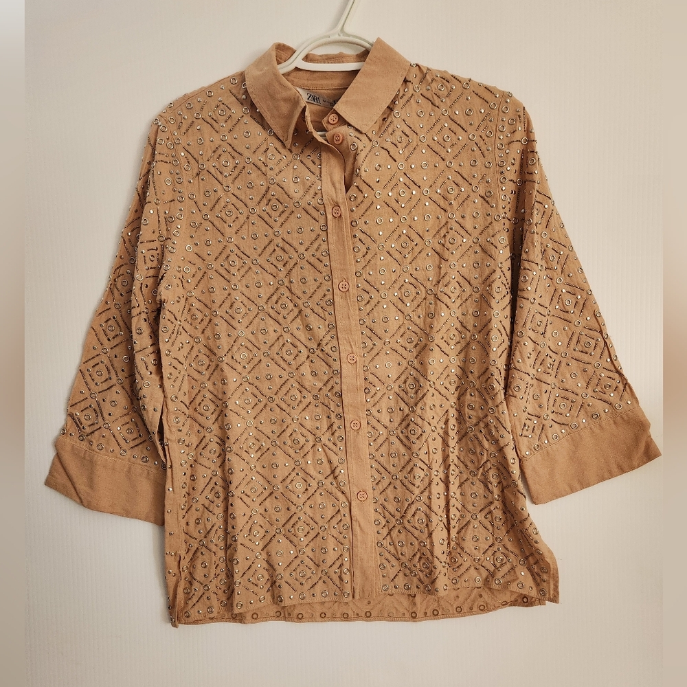 Zara NWT Beaded embroidered Top, Pink/Tan, 100% Cotton, Size Small